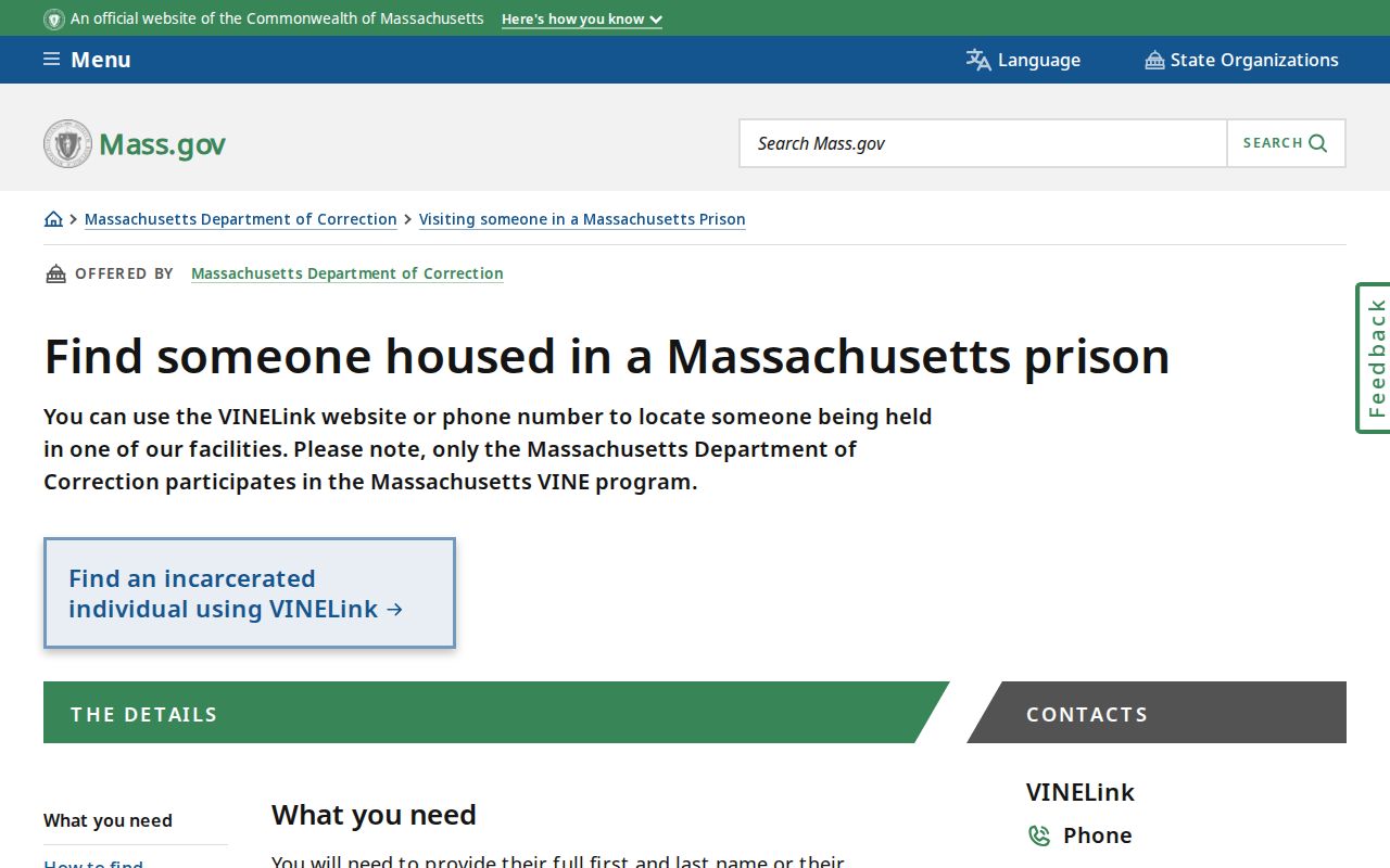 Belmont resident lookup reference for Massachusetts DOC and VINELink instructions