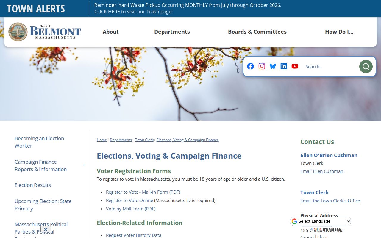 Belmont street directory elections page for voter history and local list request information