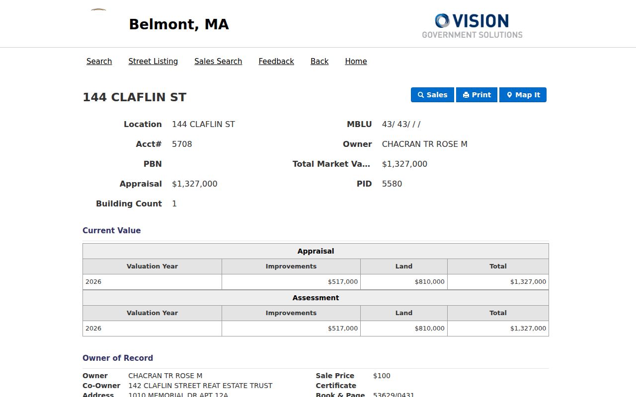 Belmont street directory sample Vision parcel card with location, owner, mailing, and deed fields
