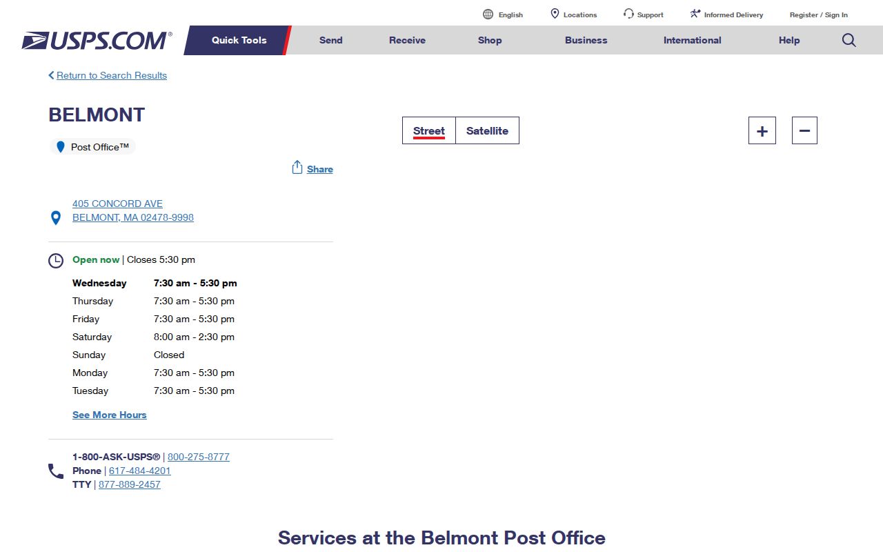 Belmont ZIP code source showing the Belmont Post Office listing